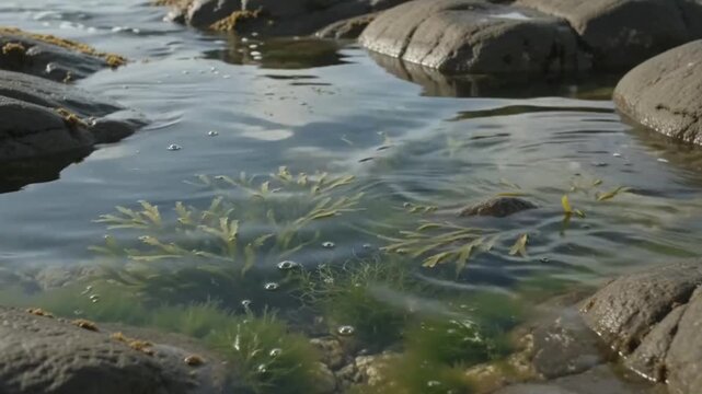 Close-up of green and brown seaweed submerged in a clear rocky tide pool. Calm scene showing marine plant life, air bubbles, and gentle water ripples on a coastal shore.