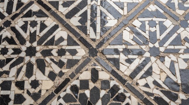 Generated with AI Moroccan zellige ceramic mosaic wall texture with black and white star geometric pattern and characteristic antique cracks
