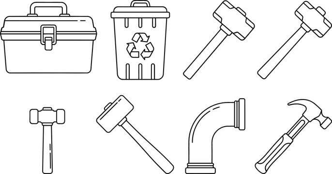 Work tools construction icon set with toolbox recycling bin sledgehammer pipe elbow hammer minimal line art vector illustration.