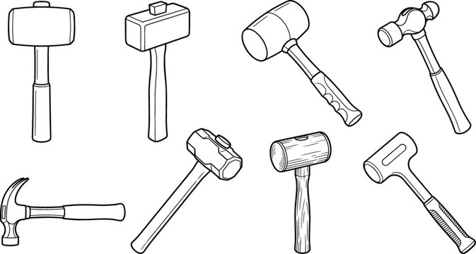 Hammer and mallet hand tools vector line icon set featuring sledgehammer claw hammer rubber mallet and carpentry equipment