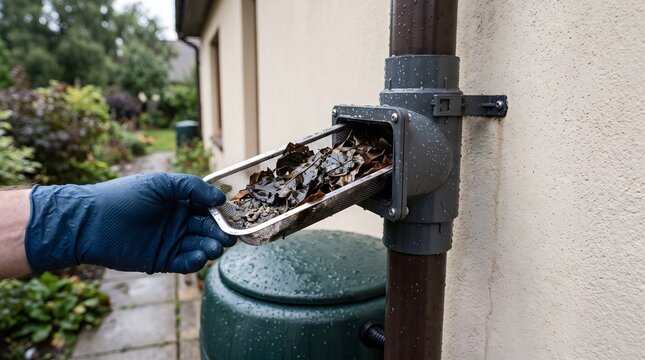 A gloved hand removes wet leaves from a downspout filter above a rain barrel. Useful for rainwater system maintenance, stormwater, and home care content.