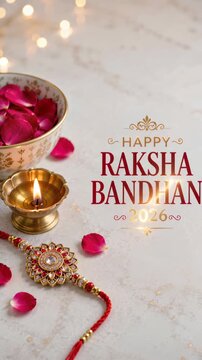Happy raksha bandhan 2026 card with jeweled rakhi kumkum diya, festive occasion, family message, cultural event, annual greeting, kinship tribute