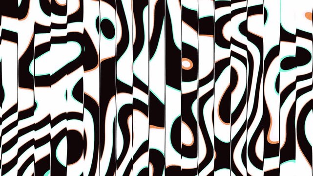 Psychedelic liquid zebra stripes distort across vertical panels in a seamless 3D animation with glitchy chromatic edges for DJ visuals