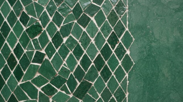 Generated with AI Green rhombus Moroccan zellige mosaic tiles installed next to a smooth green plaster wall.