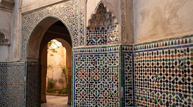 Generated with AI View of a traditional Moroccan riad courtyard featuring intricate zellige mosaic tilework walls and arches.