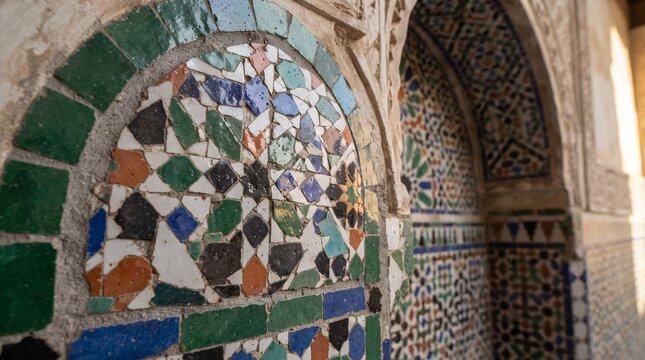Generated with AI Close up macro shot of an ornate archway wall decorated with traditional Moroccan zellige mosaic.