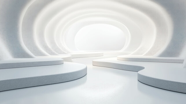 Futuristic White Organic Interior with Curved Platforms and Soft Lighting