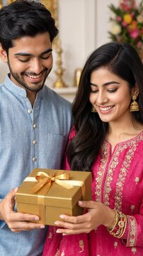 Raksha Bandhan celebration with brother and sister holding gift box, traditional sibling festival, family love, festive gifting and cultural ceremony