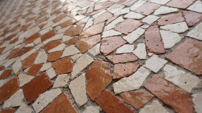 Generated with AI. Texture of arranged terracotta and white zellige ceramic fragments in Moroccan style close up.