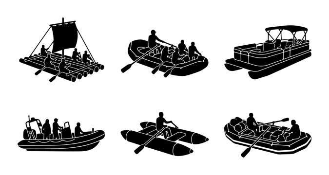 Watercraft Vector Icons: Raft, Pontoon Boat, Inflatable Kayak, Speedboat, Catamaran, River Rafting Vessels, Nautical Transportation Set