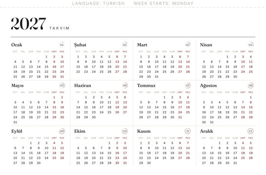 Elegant 2027 Turkish Turkey calendar takvim