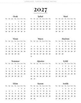 Turkish calendar 2027 for Turkey takvim minimalist, printable, yearly vector planner