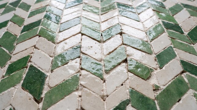 Moroccan zellige chevron herringbone pattern ceramic mosaic green and white colors