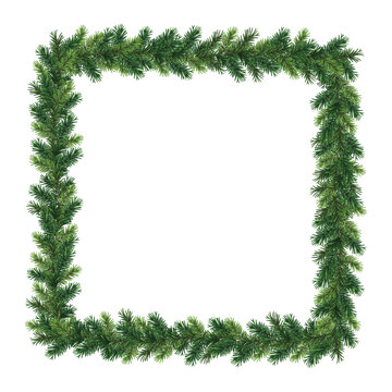 Vector decorative square frame made of realistic green coniferous christmas tree branches