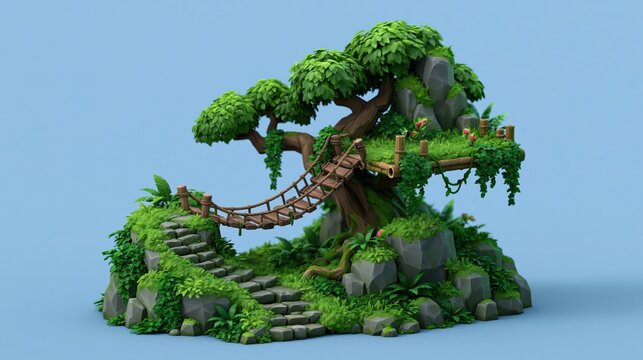 Stylized 3d isometric treehouse island with rope bridge and stone steps landscape design illustration