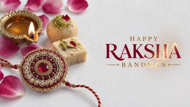 Raksha bandhan greeting framed by jeweled rakhi sweet rose petals, celebration message, festive typography, sibling greeting, greeting card, festival greeting