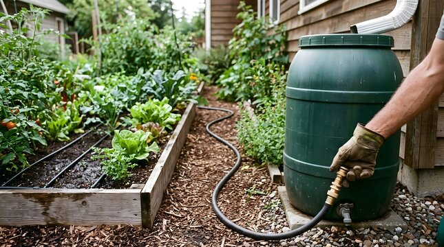 A gloved hand handles the hose connection on a rain barrel beside a raised vegetable garden. Useful for garden irrigation and rainwater reuse content.