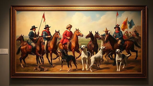 Classical oil painting of Spanish nobility hunting with dogs on horseback.