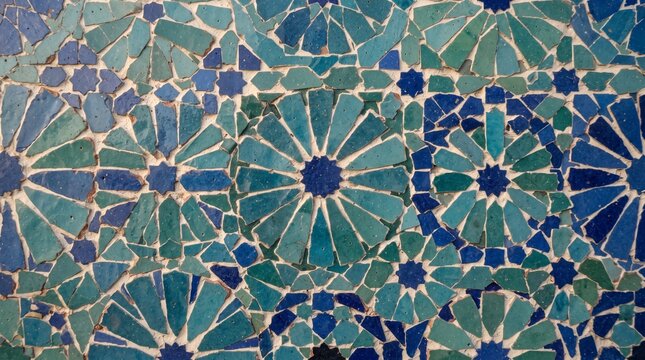 Generated with AI Moroccan zellige mosaic texture geometric floral star pattern dark blue turquoise green clay tile