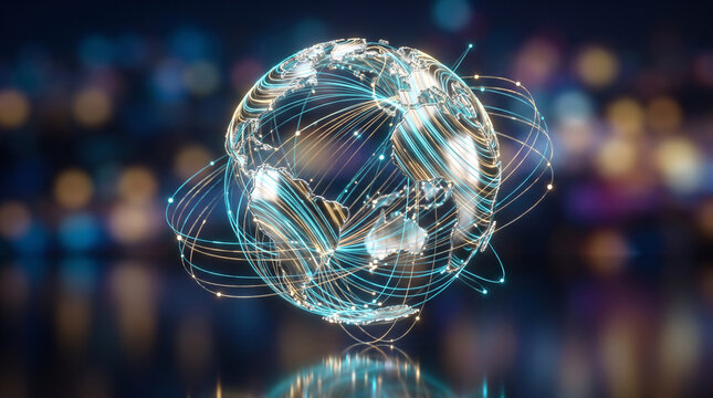 Abstract 3D wireframe globe with glowing data network lines, global business logistics background
