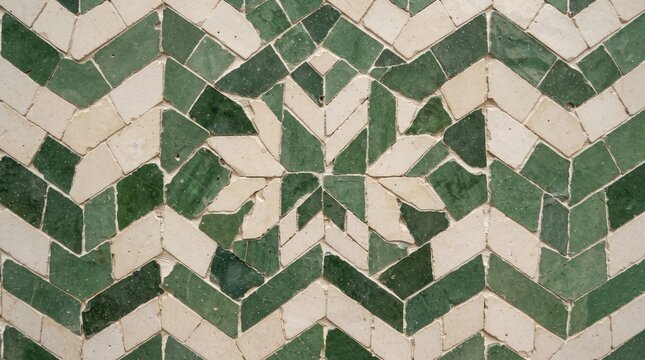 Generated with AI Geometric Moroccan zellige mosaic texture featuring green and off-white traditional handmade ceramic tiles.