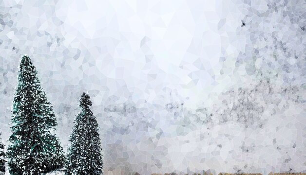  Two Mini Snowy Christmas Trees on White Winter Background