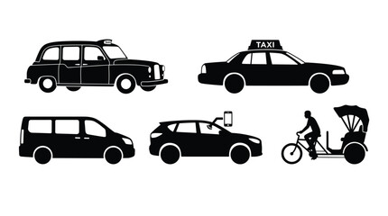 Fototapeta premium Taxi and public transport set, including classic black cab, sedan taxi, minivan, car with phone and bicycle rickshaw taxi