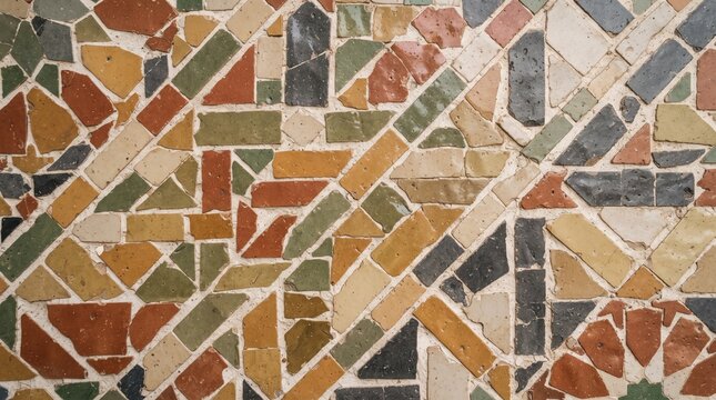 Generated with AI Antique Moroccan zellige mosaic texture with randomly arranged terracotta green grey and yellow handmade ceramic pieces.