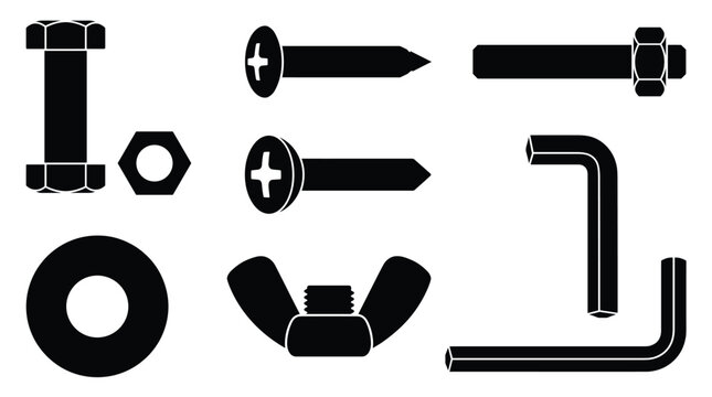 Set of black silhouette showing various hardware fasteners, bolts, nuts, screws, washers, and l-shaped hex keys for construction