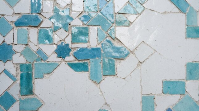 Blue and white abstract zellige mosaic tile texture characteristic of Moroccan architectural art.