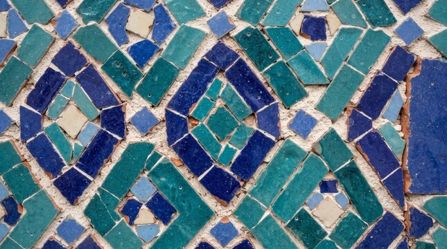 Moroccan style blue and turquoise rhombus pattern zellige ceramic mosaic arrangement texture.