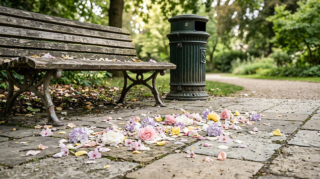 Litter scattered around park bench and trash bin.