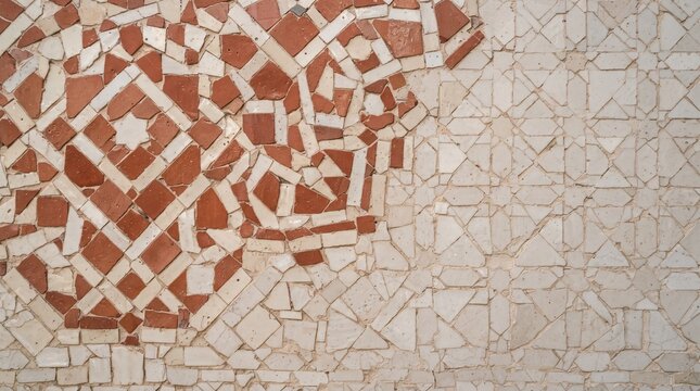 Moroccan zellige mosaic tile texture combining terracotta red and white geometric patterns from glazed clay