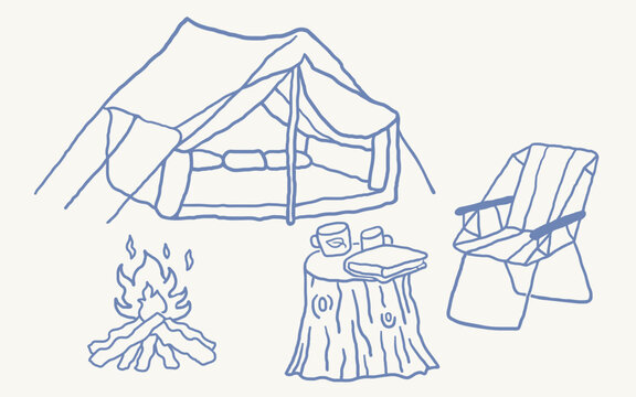 camping set in hand drawn style in vector. Element for design advertisement mail posts poster print postcard banner decor backgrounds