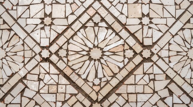 Generated with AI Traditional Moroccan zellige mosaic tile texture made of glazed cream white clay featuring geometric star pattern