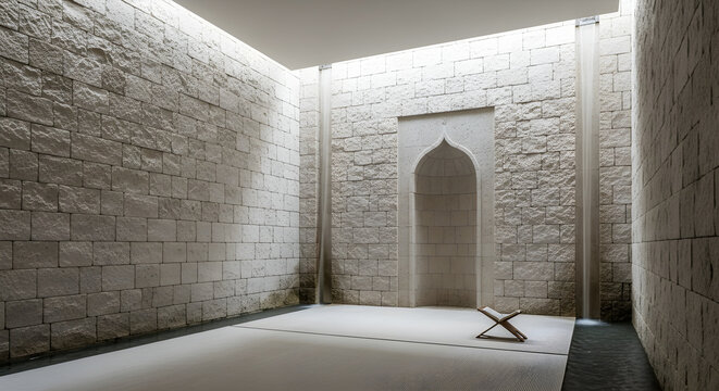 Modern minimalist prayer room with textured stone walls mihrab and Quran on a wooden stand a tranquil spiritual space