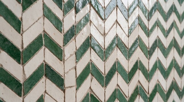 Generated with AI Moroccan zellige clay mosaic tile texture with green and white chevron zigzag pattern