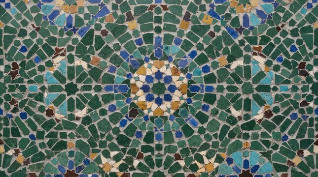 Generated with AI Dark green blue and yellow glazed clay Moroccan zellige mosaic tile texture with symmetrical star circle pattern