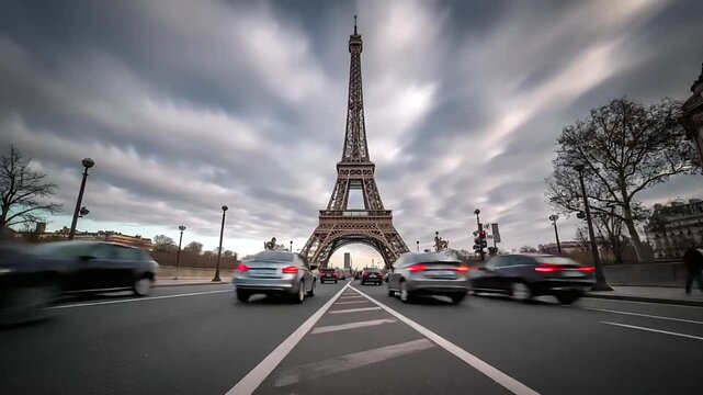 Paris, France, Europe. A dynamic, actionpacked photograph of the Eiffel Tower in Paris, France. The photograph captures the iconic structure towering over a busy street.