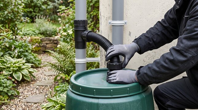 Gloved hands connect a flexible hose between a house downspout and rain barrel. Suitable for rainwater harvesting, home improvement, and conservation content.