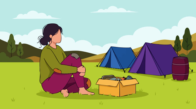 Vector illustration of a homeless woman sitting in a temporary tent camp