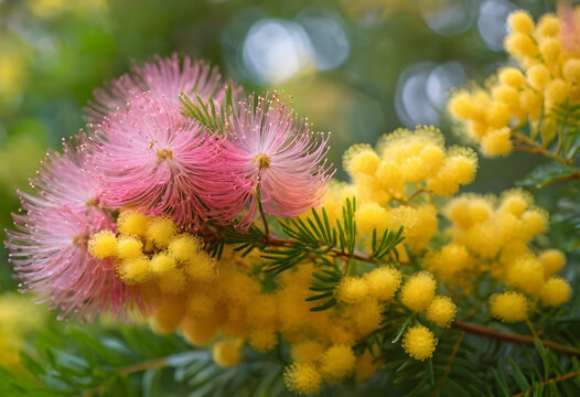 Spring bloom and natural beauty, pink calliandra and yellow mimosa flowers on a branch with green foliage