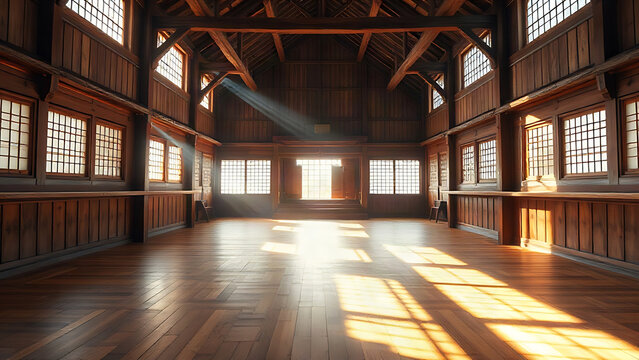 An empty traditional wooden dojo with sunlight streaming through high windows.