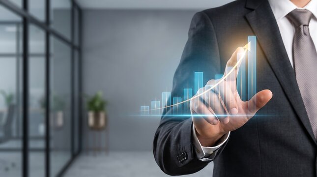Professional businessman in sharp dark suit touching glowing blue holographic growth chart to visualize rising corporate profits and success within modern office setting captured in a clear realistic 