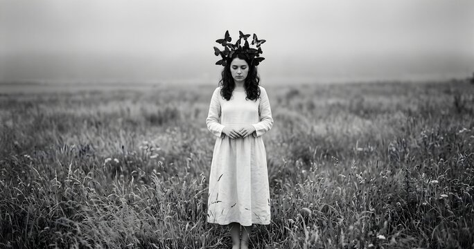 Young woman in a white dress stands in a monochrome field with black butterflies clustered around her head. Useful for surreal storytelling, symbolism, and dark editorial themes.