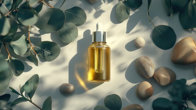 Glass bottle of facial oil surrounded by eucalyptus leaves and smooth stones; luxury spa aesthetic. generative ai