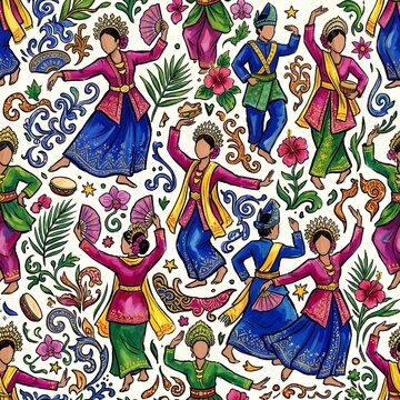Traditional Malaysian dancers in cultural costume seamless pattern illustration