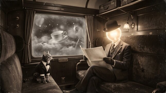 A passenger reads inside a dim vintage train compartment with a glowing head and dreamlike window scene. Ideal for surreal storytelling, imagination, memory, and conceptual editorial use.