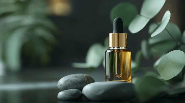 Glass bottle of facial oil surrounded by eucalyptus leaves and smooth stones; luxury spa aesthetic. generative ai