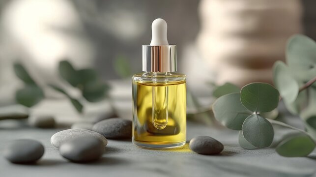 Glass bottle of facial oil surrounded by eucalyptus leaves and smooth stones; luxury spa aesthetic. generative ai